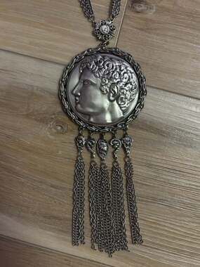 Goldette Vintage Silver-Tone Art Nouveau Portrait Medallion Tassel Necklace